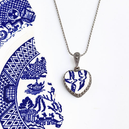 Love Birds China Jewelry, 2nd/18th/20th Wedding Anniversary Gift for Wife, Adjustable Heart Necklace, Marcasite Gemstones