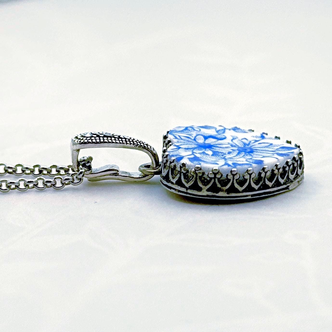 Porcelain China Jewelry, 2nd/18th/20th Wedding Anniversary Gift for Wife, Adjustable Daisy Heart Necklace, Marcasite Gemstones