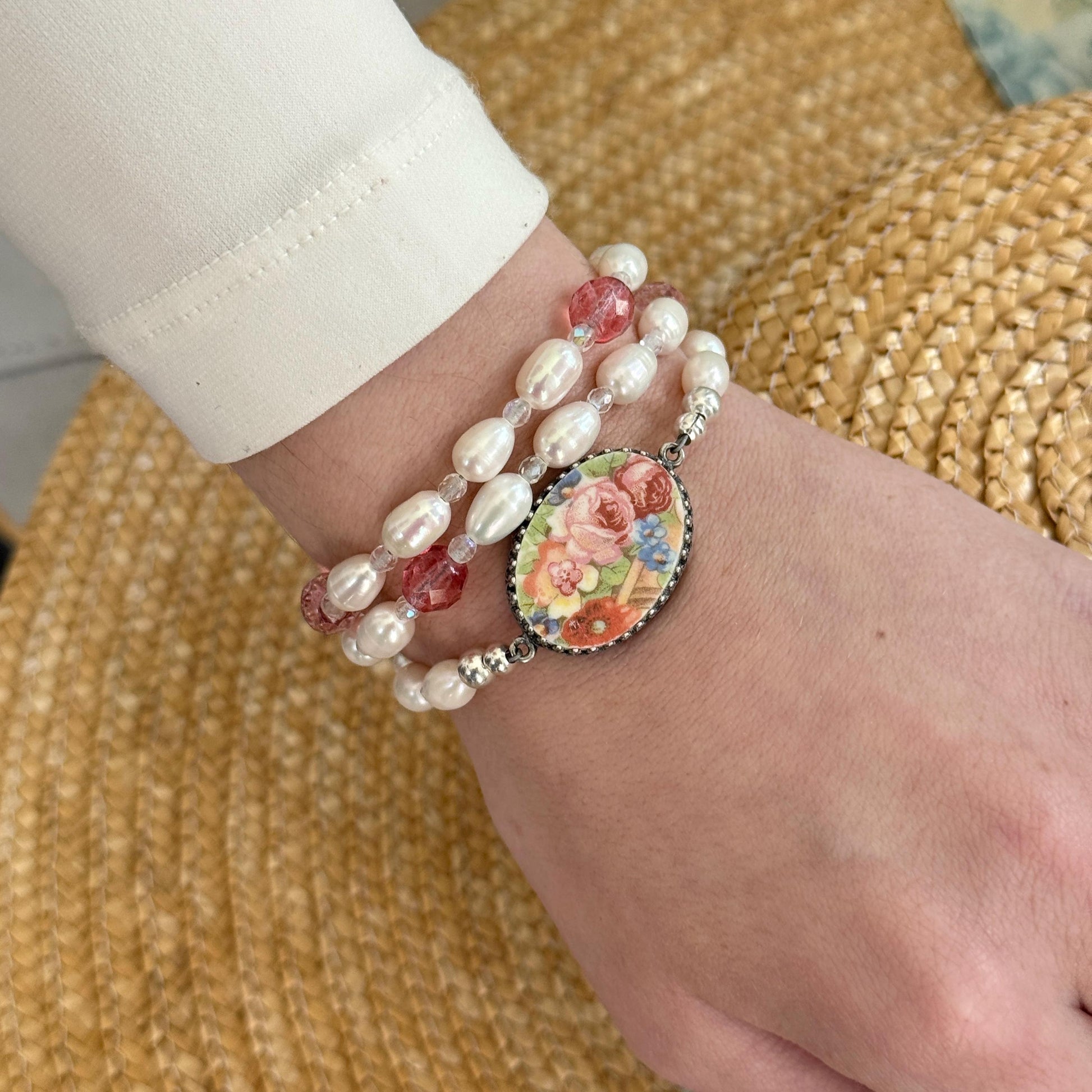 One-of-a-Kind, Forget-Me-Nots, Rose and Poppy, Beaded Pearl Wrap Bracelet, Broken China Jewelry