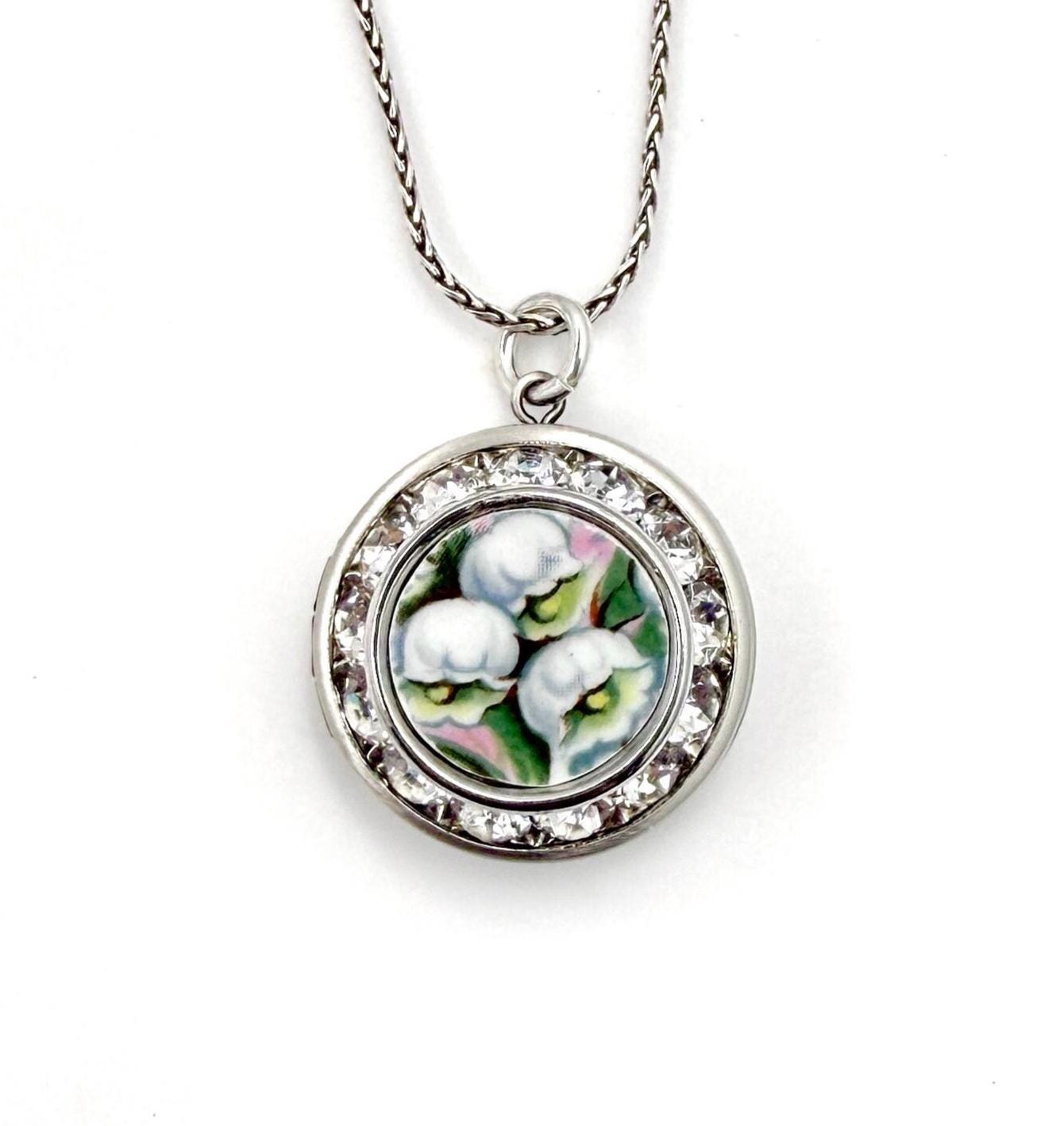 Adjustable Lily of the Valley Locket Necklace, Anniversary Gifts, Broken China Handmade Jewelry, Love and Friendship Gifts for Her