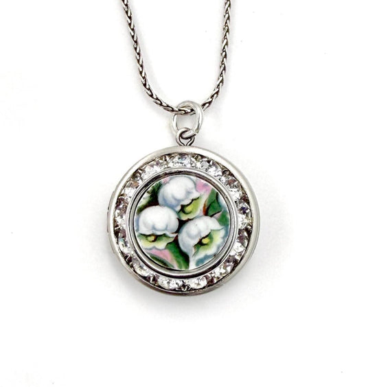 Adjustable Lily of the Valley Locket Necklace, Anniversary Gifts, Broken China Handmade Jewelry, Love and Friendship Gifts for Her