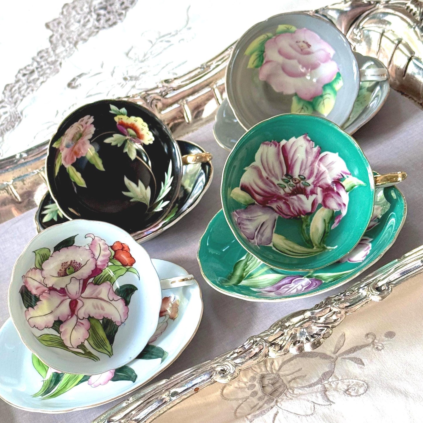 Vintage Porcelain 18th Anniversary 4 Teacups Saucers, Japanese Gift Tea Set, Floral Collectible Teacup Set
