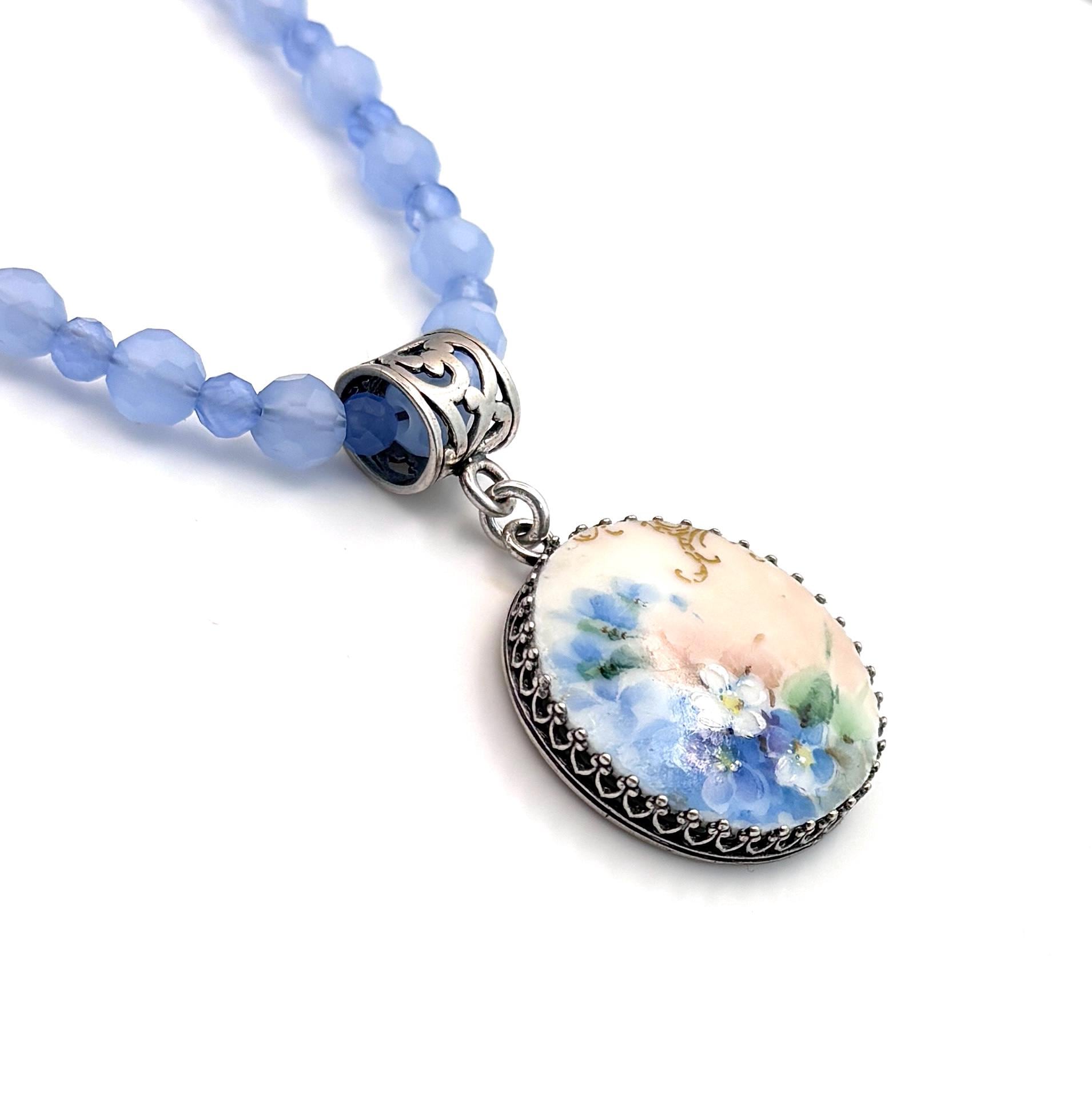 18th Anniversary Gift, Antique Porcelain & Cat's Eye Necklace, Sterling Silver Button Jewelry for a Special Occasion