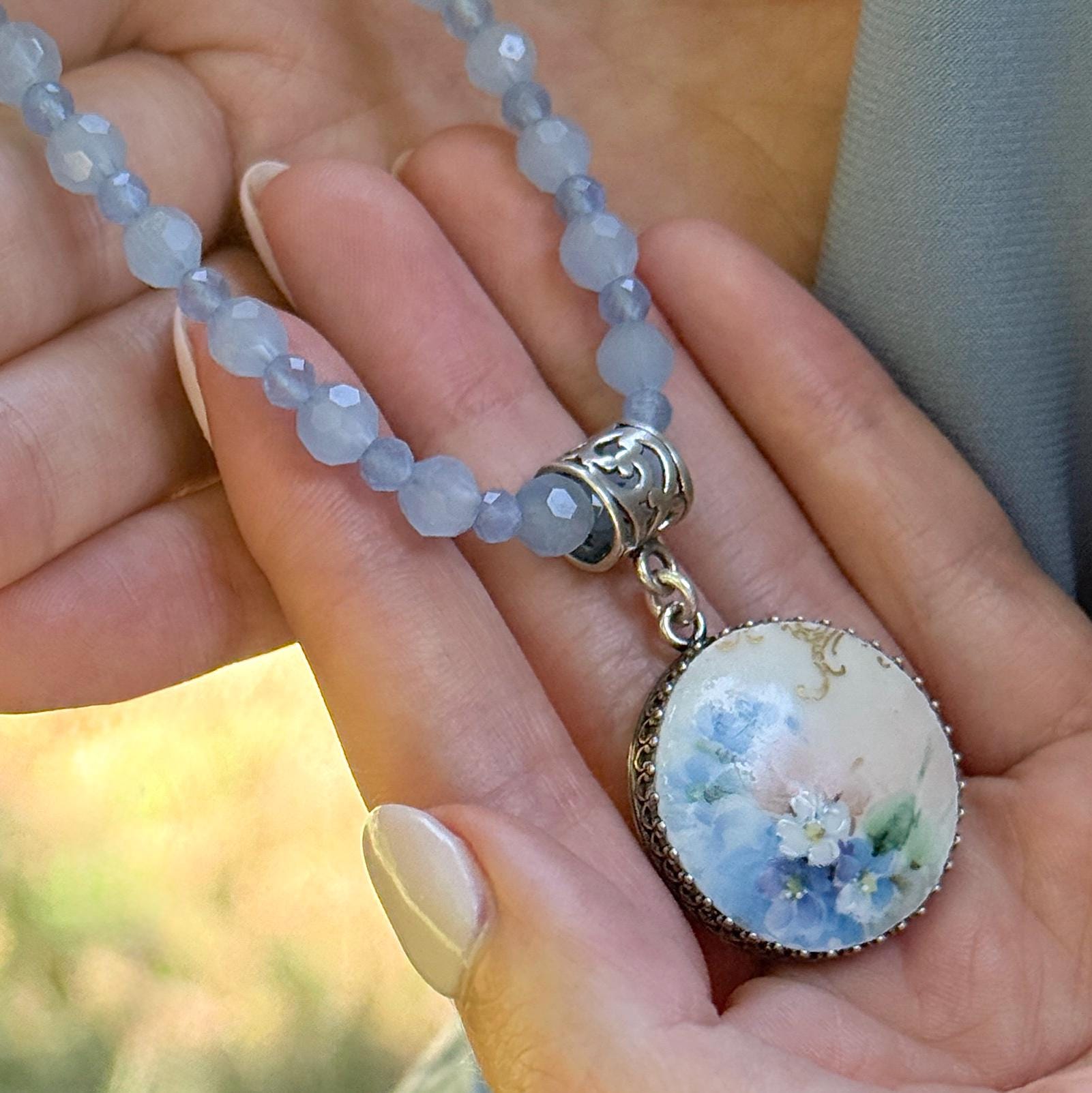 18th Anniversary Gift, Antique Porcelain & Cat's Eye Necklace, Sterling Silver Button Jewelry for a Special Occasion