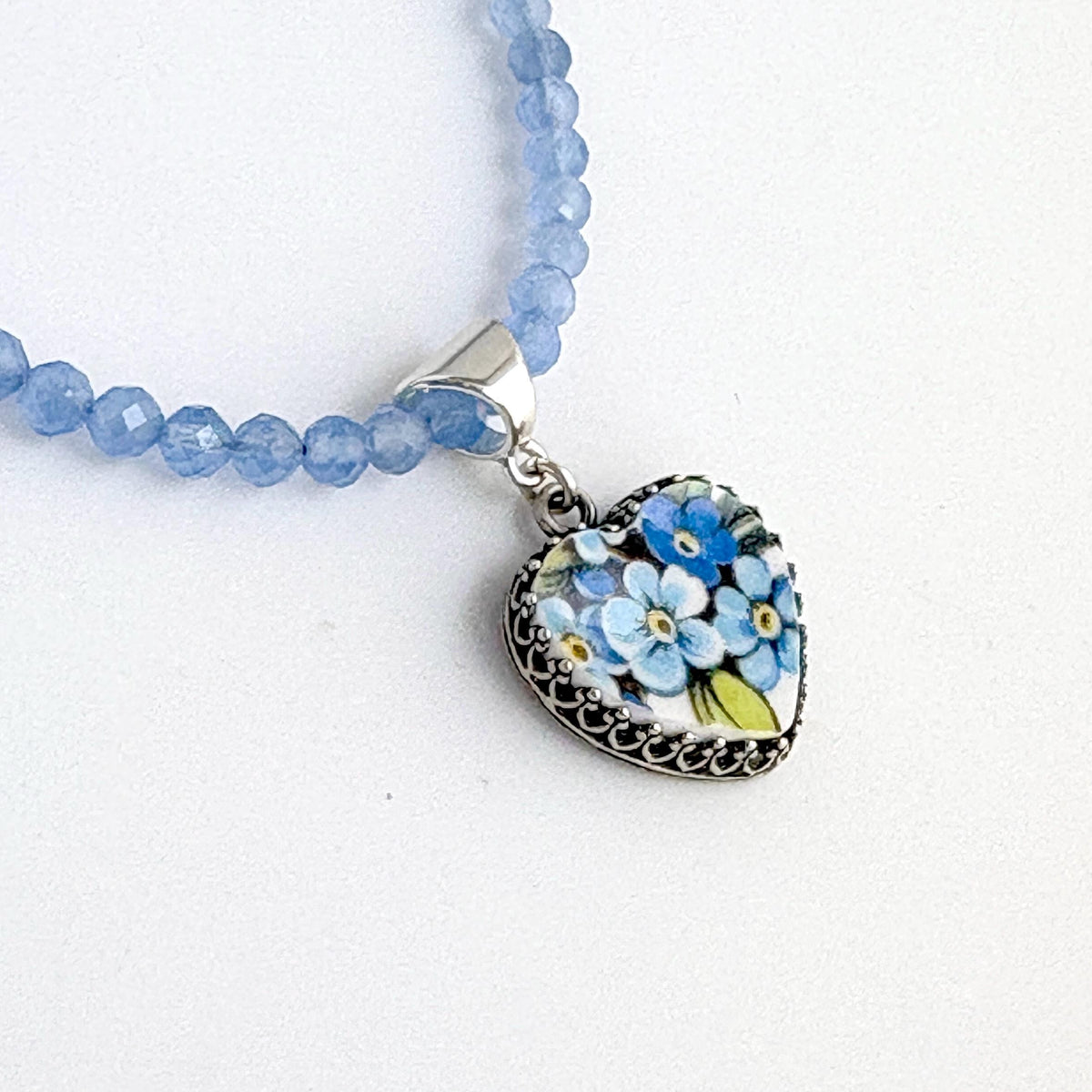Porcelain Heart Gemstone Cat's Eye Necklace, Forget Me Not 18th Anniversary Jewelry, Romantic Sentimental Heart Necklace