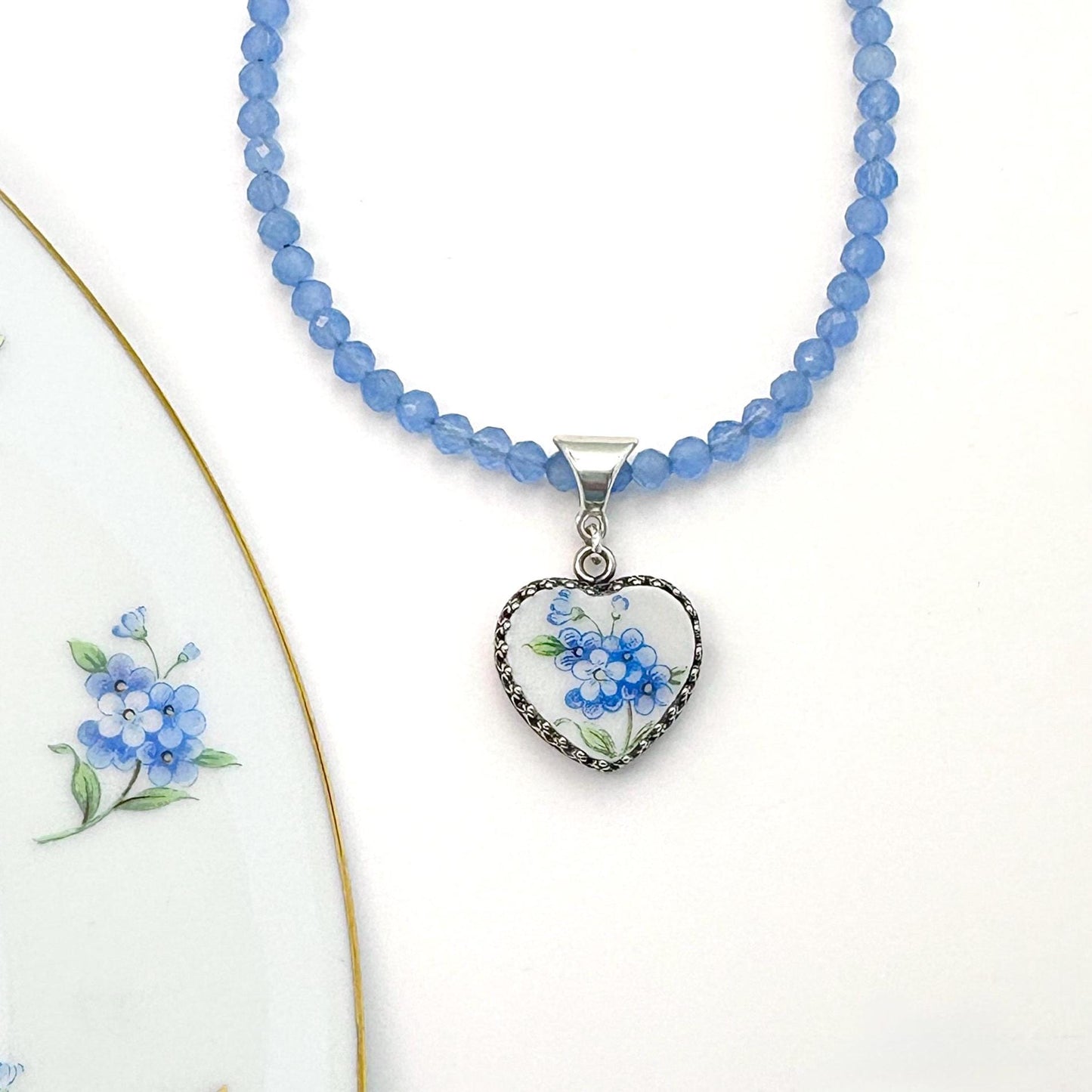 Porcelain Heart Gemstone Cat's Eye Necklace, Forget Me Not 18th Anniversary Jewelry, Romantic and Sentimental