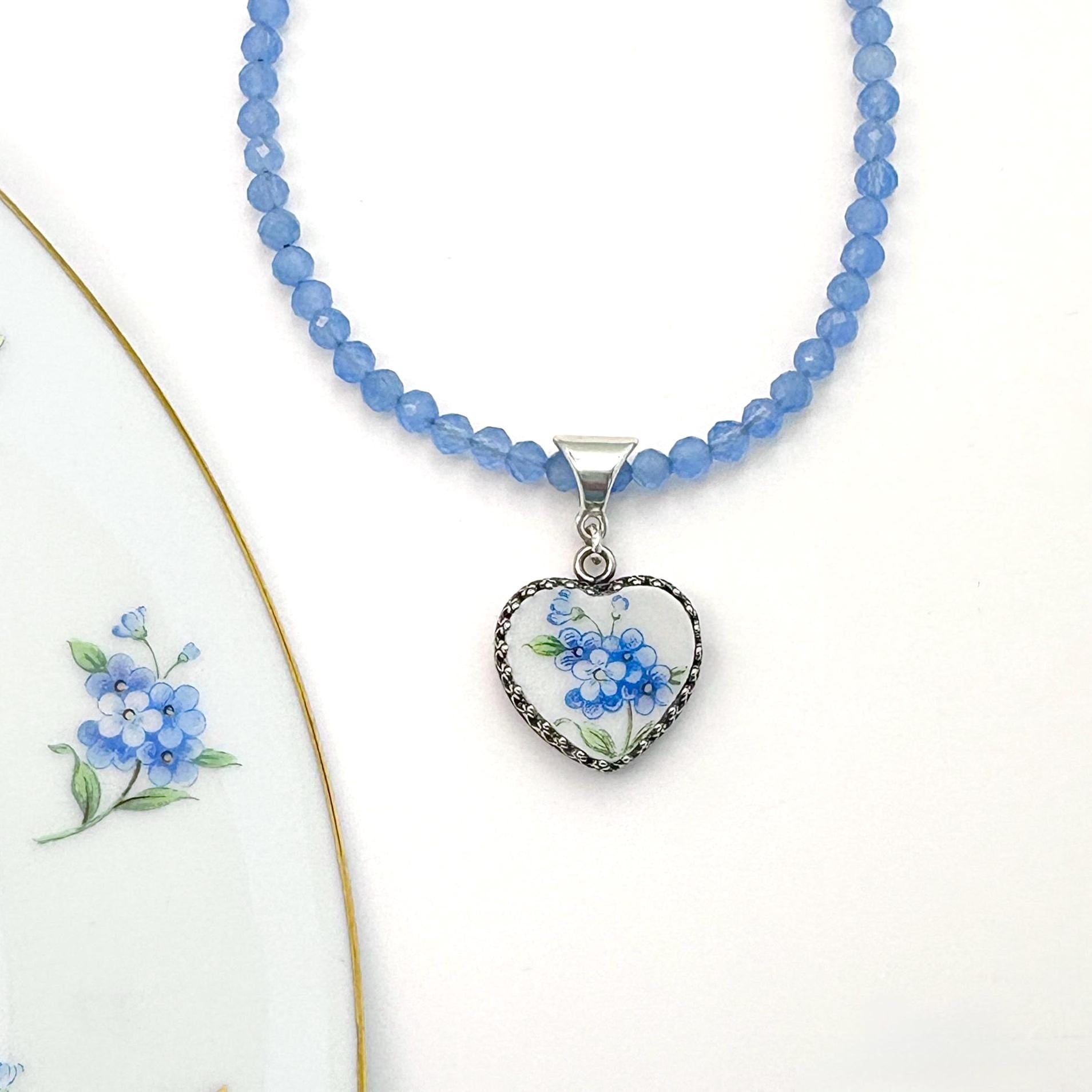 Porcelain Heart Gemstone Cat's Eye Necklace, Forget Me Not 18th Anniversary Jewelry, Romantic and Sentimental