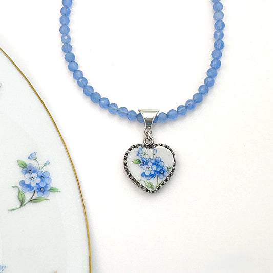 Porcelain Heart Gemstone Cat's Eye Necklace, Forget Me Not 18th Anniversary Jewelry, Romantic and Sentimental