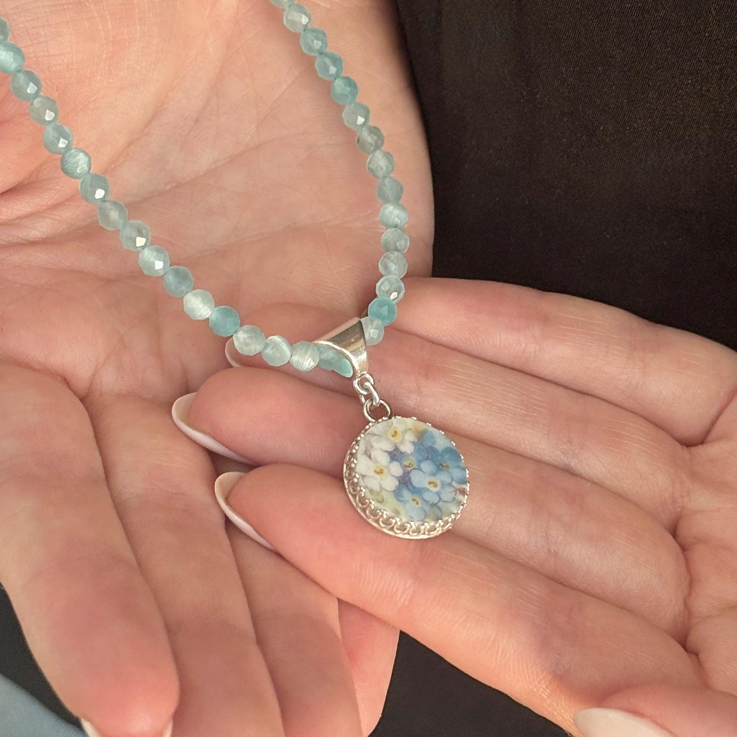Sterling Silver Porcelain Necklace, One-of-a-Kind Forget-Me-Not Necklace, Wife 18th Anniversary Gift, Cats Eye Gemstone Necklace