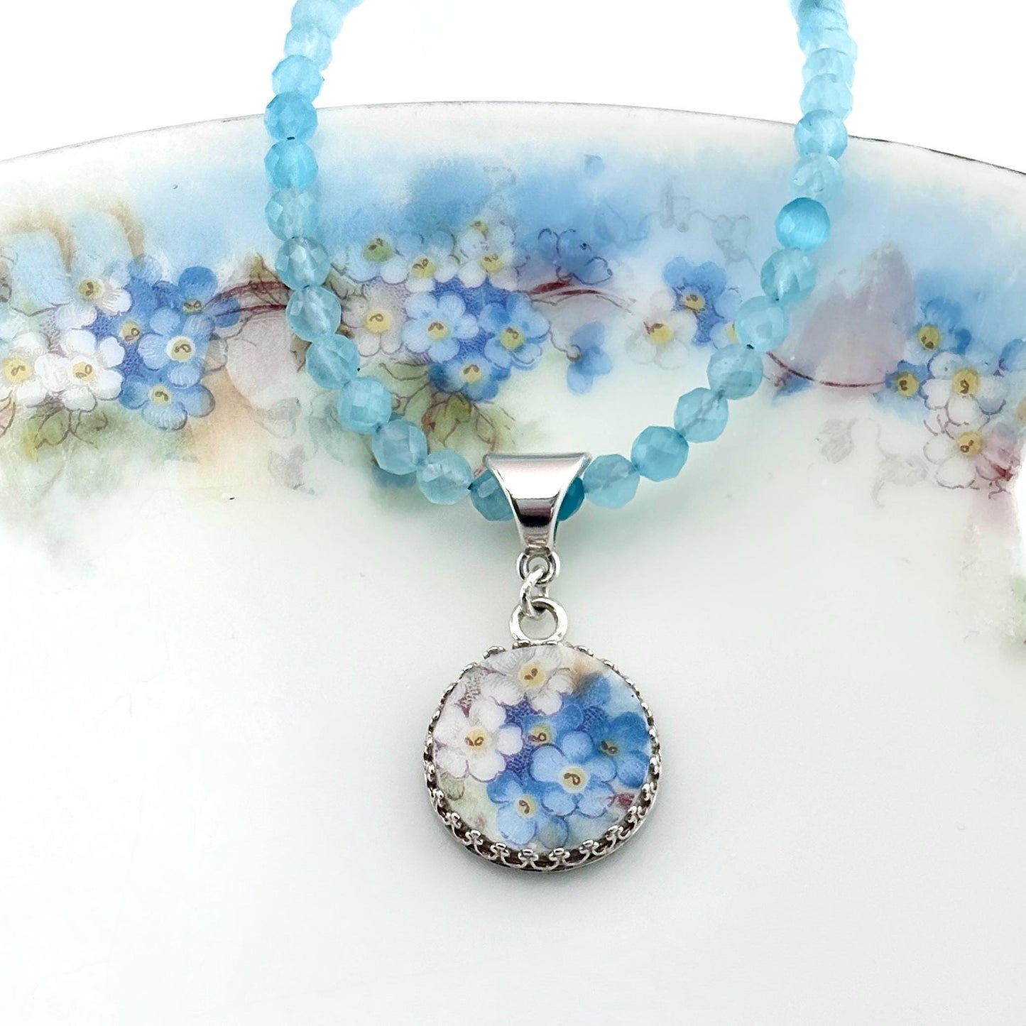 Sterling Silver Porcelain Necklace, One-of-a-Kind Forget-Me-Not Necklace, Wife 18th Anniversary Gift, Cats Eye Gemstone Necklace