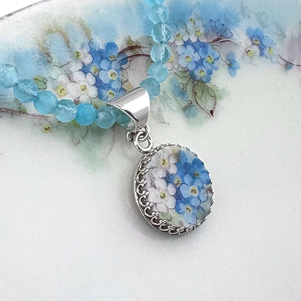 Sterling Silver Porcelain Necklace, One-of-a-Kind Forget-Me-Not Necklace, Wife 18th Anniversary Gift, Cats Eye Gemstone Necklace