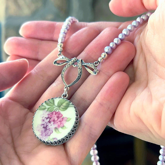 Purple Lilac Necklace, 20th Wedding Anniversary Gifts for Wife, Pearl Broken China Jewelry