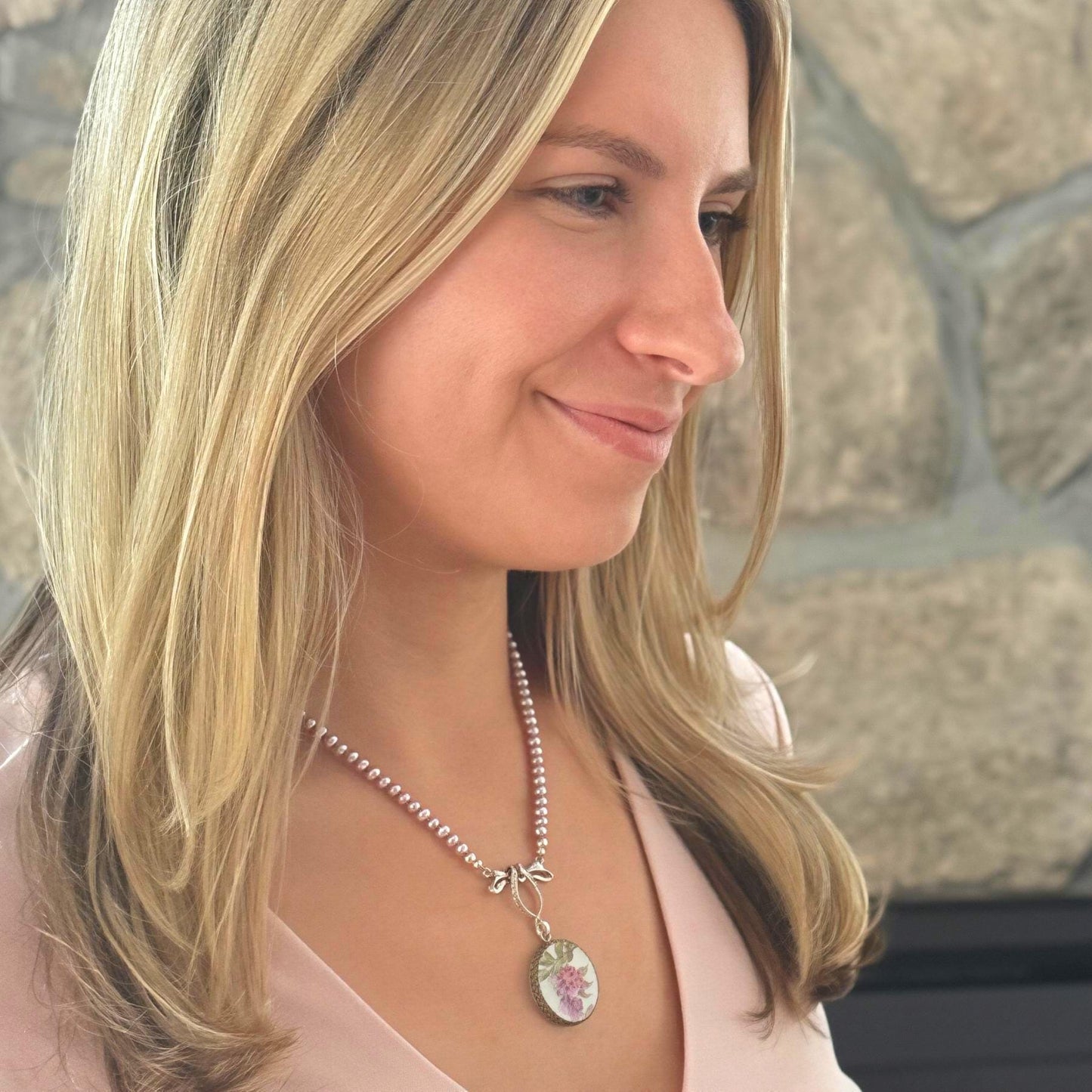 Purple Lilac Necklace, 20th Wedding Anniversary Gifts for Wife, Pearl Broken China Jewelry