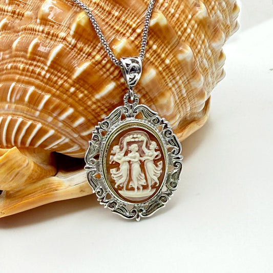 One-of-a-Kind Italian Shell Cameo, Three Graces, Vintage Cameo Jewelry, Sterling Silver Victorian Woman Necklace
