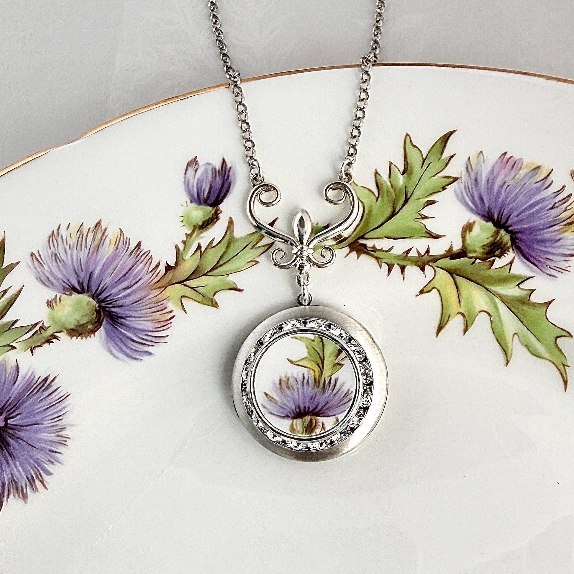 Purple Thistle Locket Necklace, Anniversary Love and Friendship Gifts for Women, Scottish Celtic Jewelry