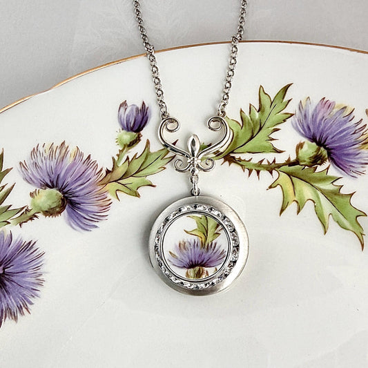 Purple Thistle Locket Necklace, Anniversary Love and Friendship Gifts for Women, Scottish Celtic Jewelry