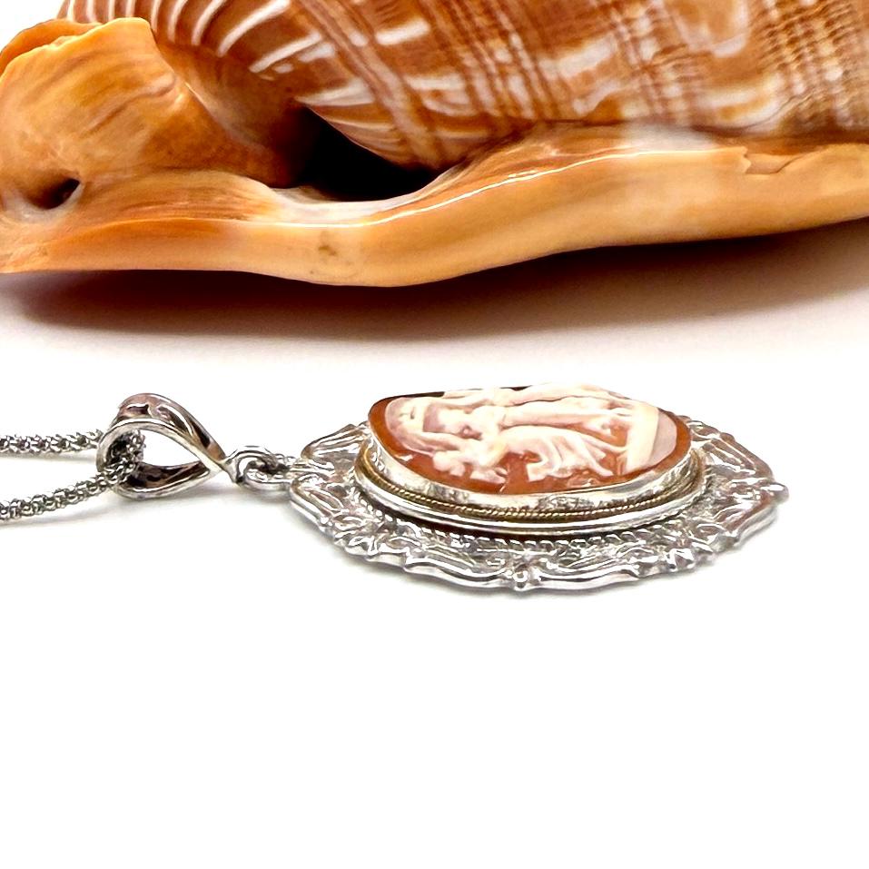 One-of-a-Kind Italian Shell Cameo, Three Graces, Vintage Cameo Jewelry, Sterling Silver Victorian Woman Necklace