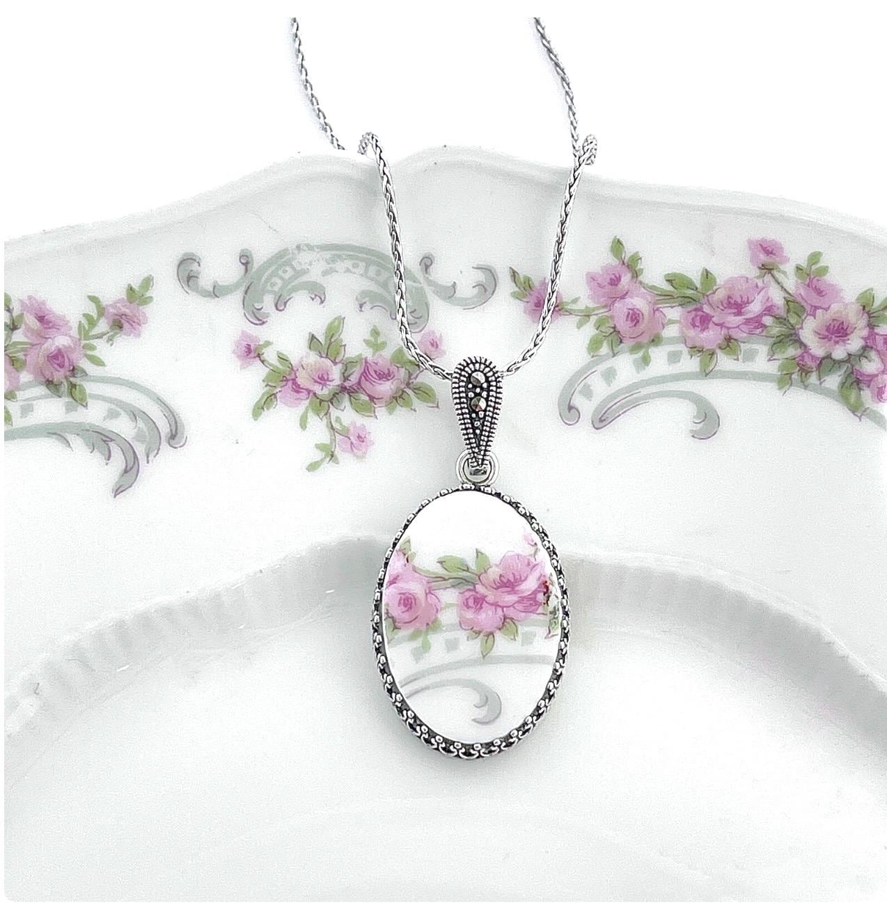 Upcycled Vintage Porcelain Rose Necklace, Cottagecore Floral China Jewelry, Wife Milestone Anniversary Gifts
