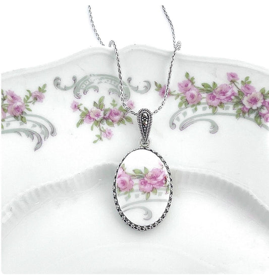 Upcycled Vintage Porcelain Rose Necklace, Cottagecore Floral China Jewelry, Wife Milestone Anniversary Gifts