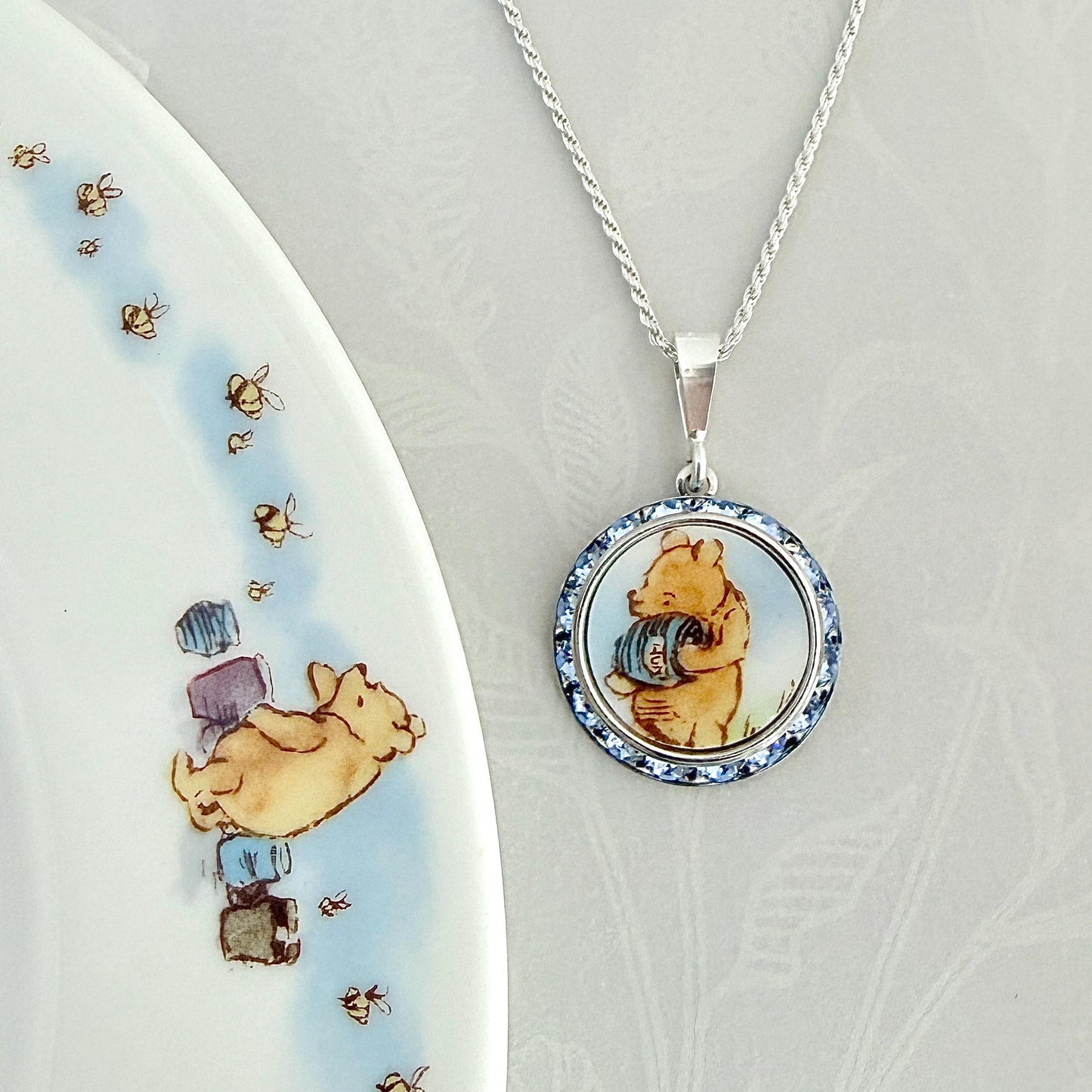 Broken China Crystal Pooh Adjustable Necklace, Whimsical Nostalgic Broken China Jewelry, New Mom Sentimental Pooh Bear Pendant