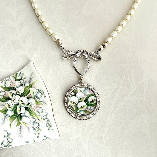18th Anniversary Porcelain Gift for Wife, Lily of the Valley Necklace, Freshwater Pearl Jewelry, Wedding Anniversary
