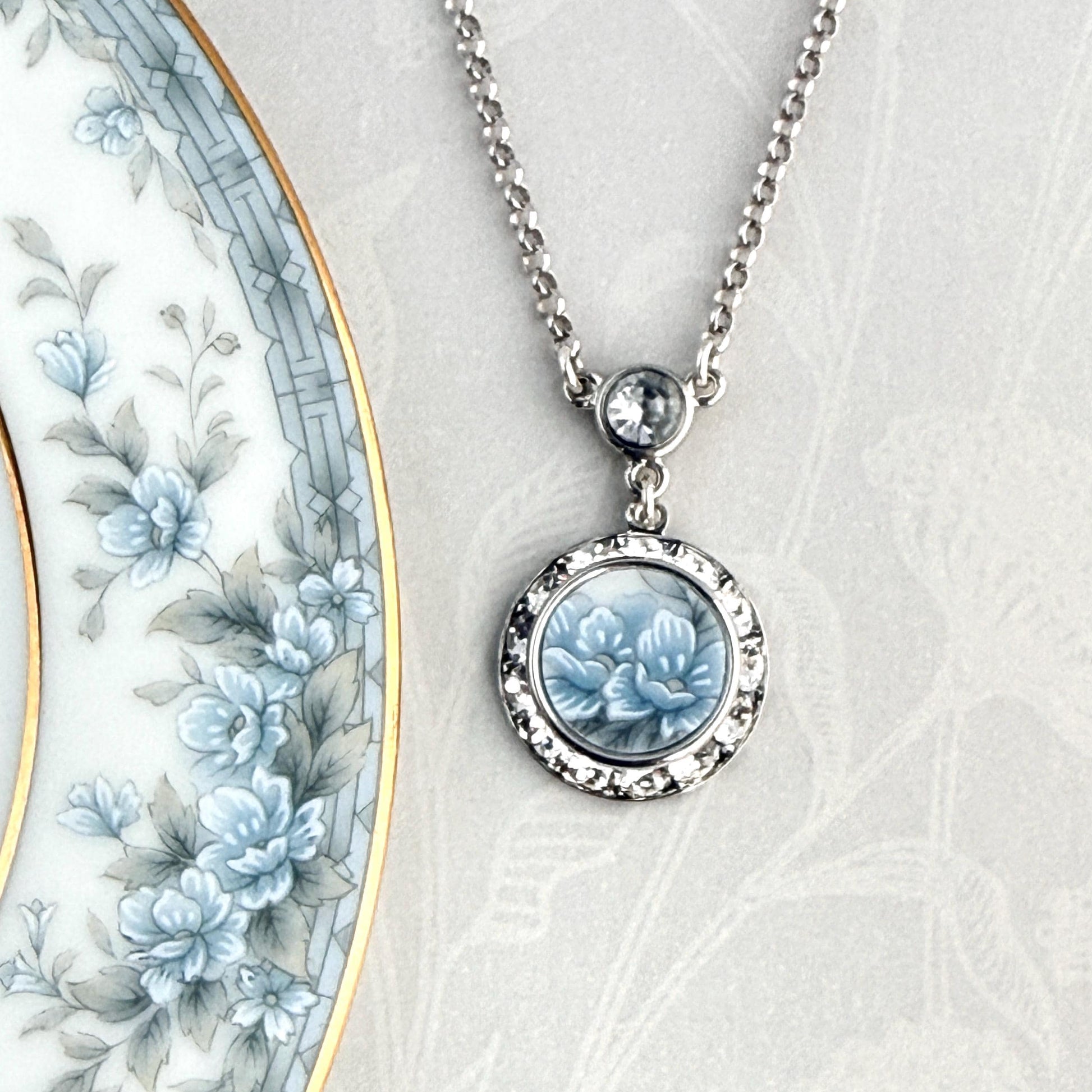 Vintage Japanese Porcelain Necklace, 18th Anniversary Gift for Wife, Dainty Crystal Jewelry