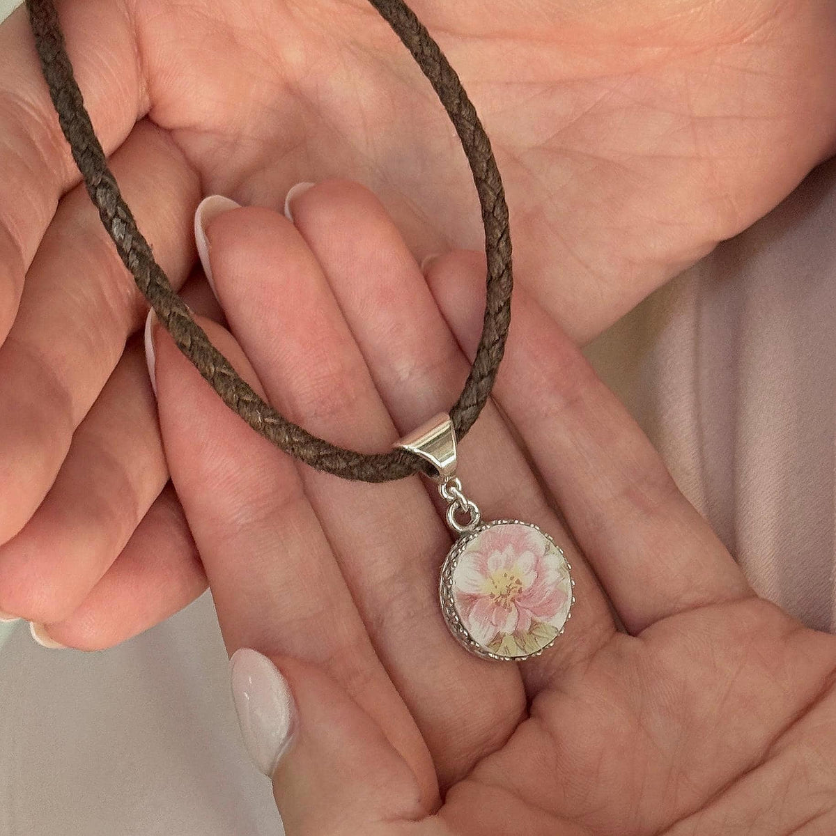 One-of-a-Kind Sterling Silver Handmade Wild Beach Rose Necklace, Antique China Jewelry, Wife 2nd Anniversary Gift, Cotton Gifts