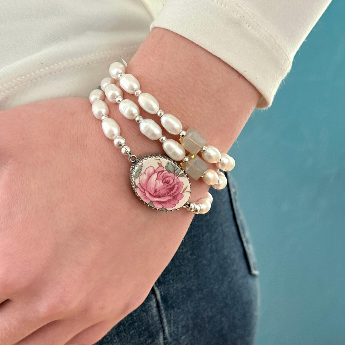 One-of-a-Kind Handmade Pearl Wrap Bracelet, Boho Artisan Unique Bracelet, Sterling Silver, Pink Rose Bracelet
