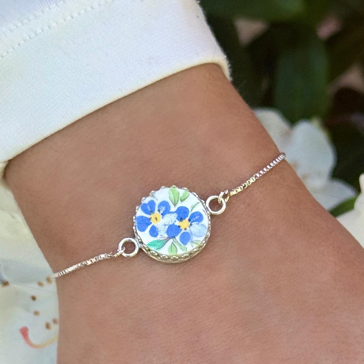 Dainty Gift for Girl/Girlfriend, Forget Me Not Vintage China, Adjustable Bracelet, Sterling Silver Jewelry for Her
