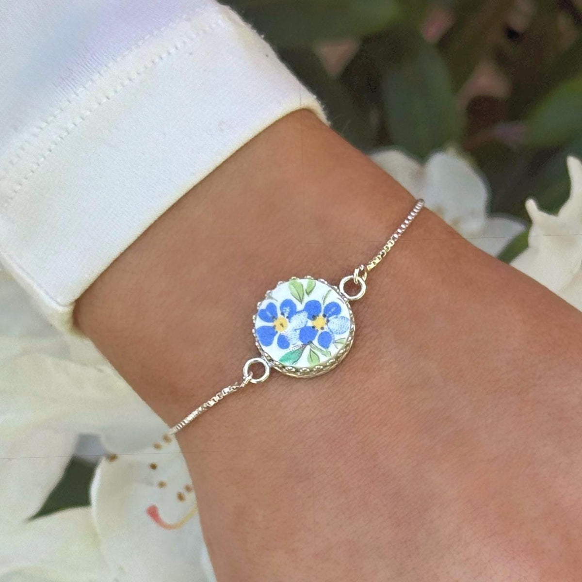 Dainty Gift for Girl/Girlfriend, Forget Me Not Vintage China, Adjustable Bracelet, Sterling Silver Jewelry for Her