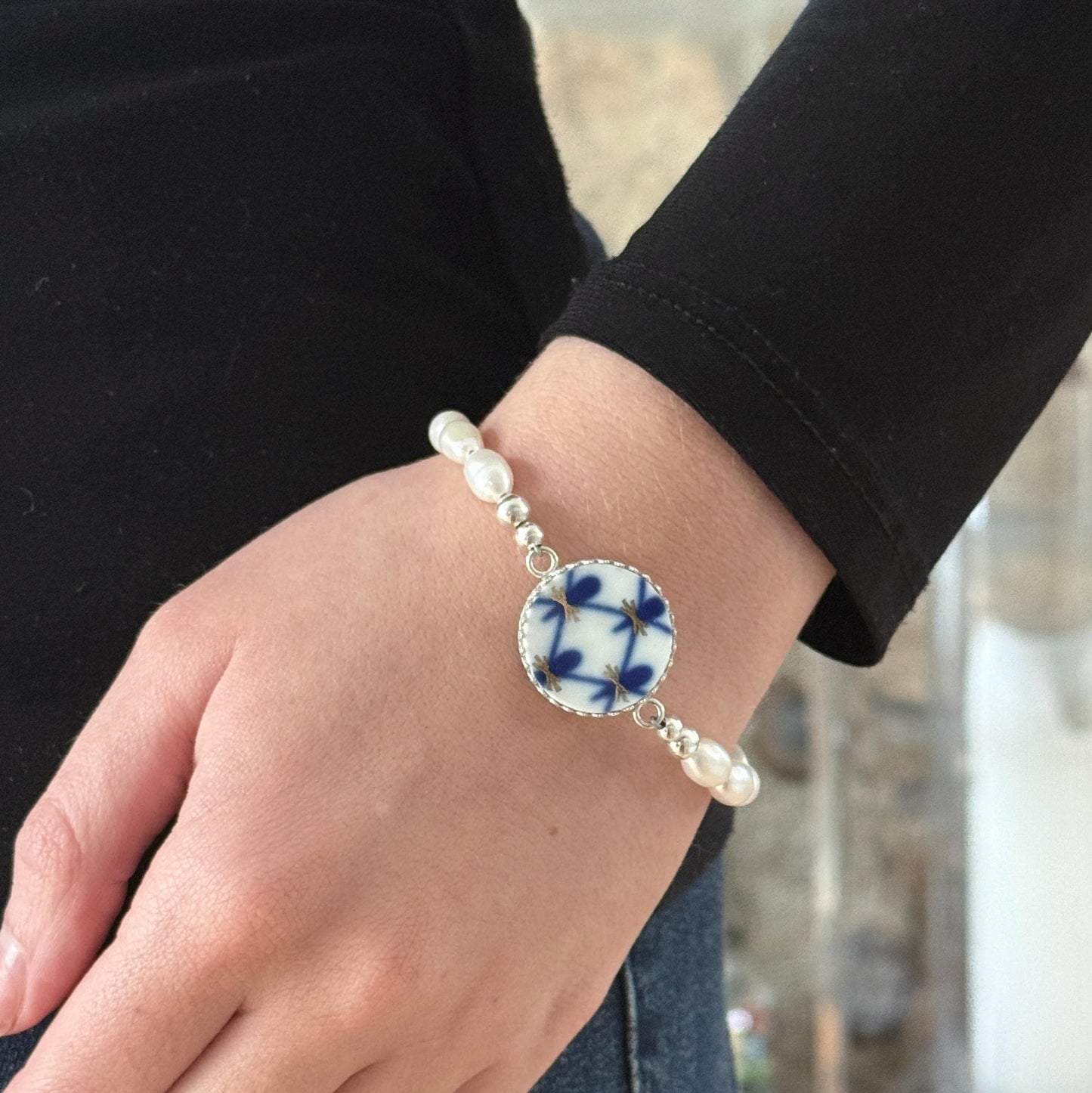 Lomonosov Cobalt Net Pearl Bracelet, Porcelain Broken China Jewelry, 20th Anniversary Gift for Wife, Handmade Artisan Jewelry