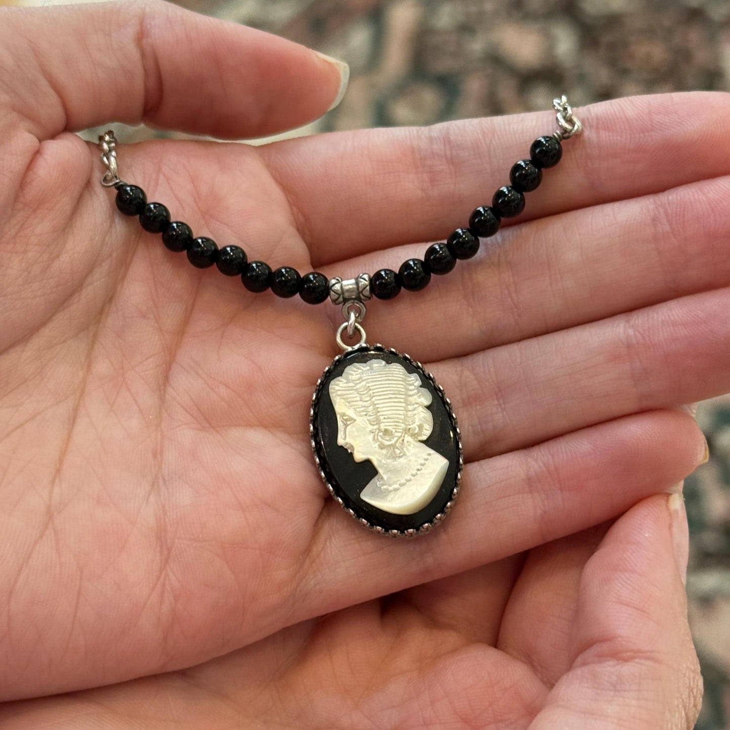 Vintage Cameo Necklace, Black Onyx and Mother of Pearl Shell, Sterling Silver Victorian Marcasite Jewelry