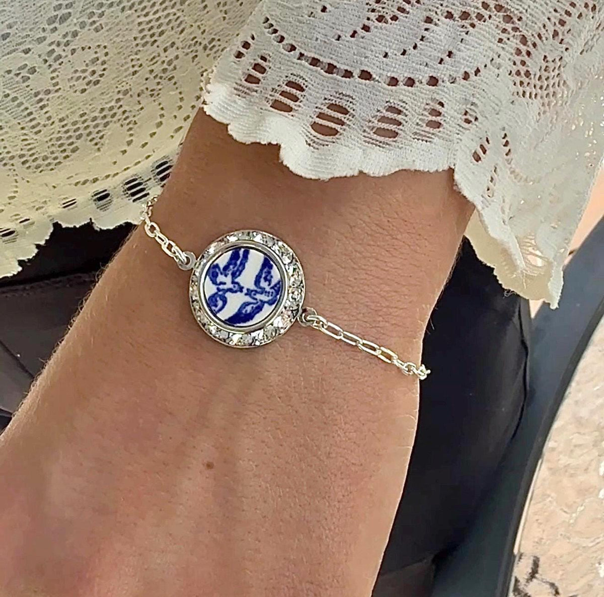 20th Anniversary Gift for Wife, Love Birds Crystal Charm Bracelet or Locket Set, Romantic Gifts for Her, Adjustable Sterling Chain