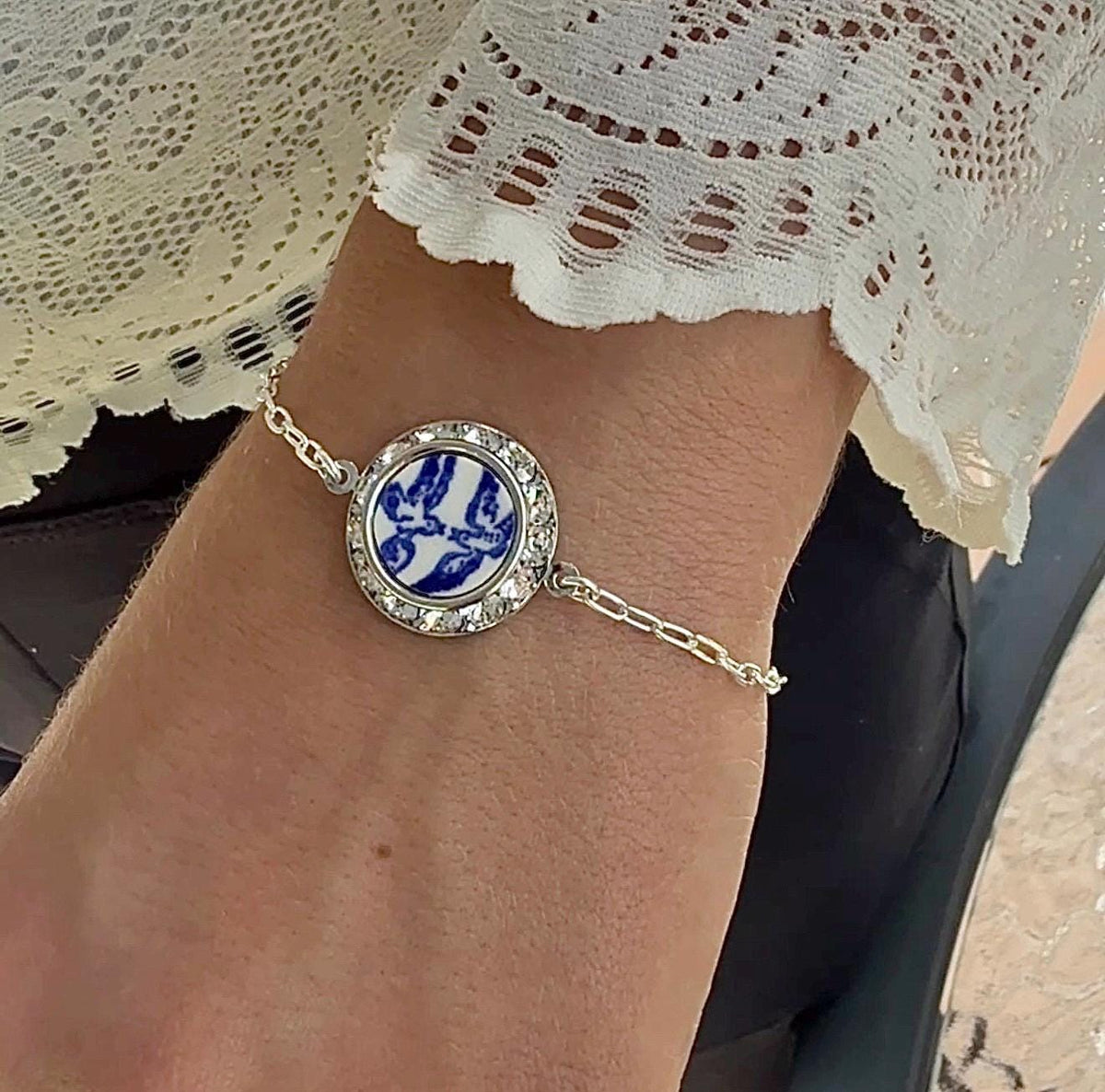 Love Birds China Necklace, Broken China Jewelry, Romantic 20th Anniversary Gift for Wife, Vintage Blue Willow Ware China