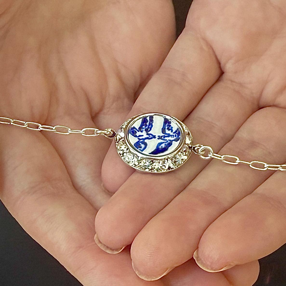 Love Birds China Necklace, Broken China Jewelry, Romantic 20th Anniversary Gift for Wife, Vintage Blue Willow Ware China