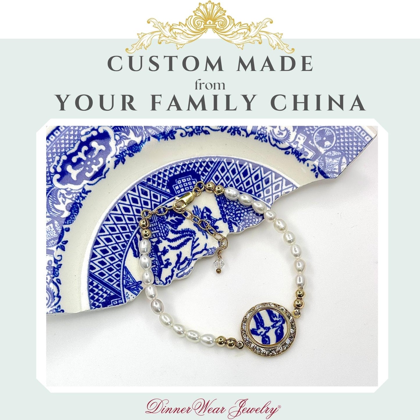 CUSTOM ORDER Gold Crystal Charm Bracelet, Custom Broken China Family Jewelry Made From Your China