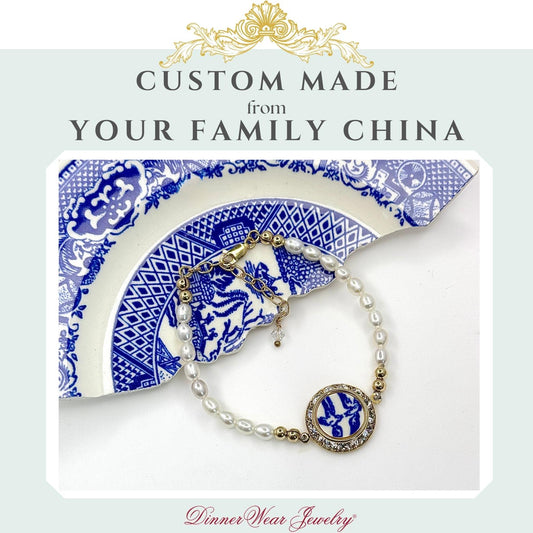 CUSTOM ORDER Gold Crystal Charm Bracelet, Custom Broken China Family Jewelry Made From Your China