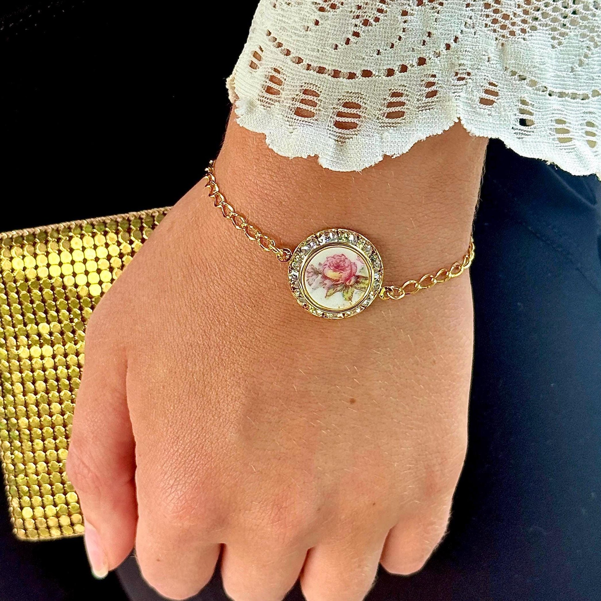 18th Anniversary Gift for Wife, Antique Rose Porcelain Charm Bracelet, Gold Filled Chain, Crystal Bracelet