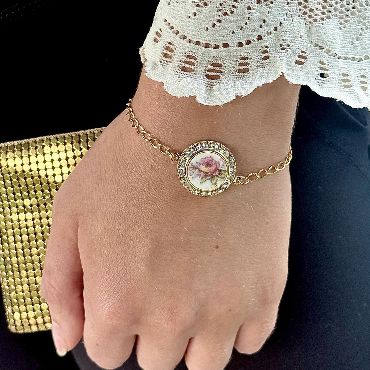 CUSTOM ORDER Gold Crystal Charm Bracelet, Custom Broken China Family Jewelry Made From Your China