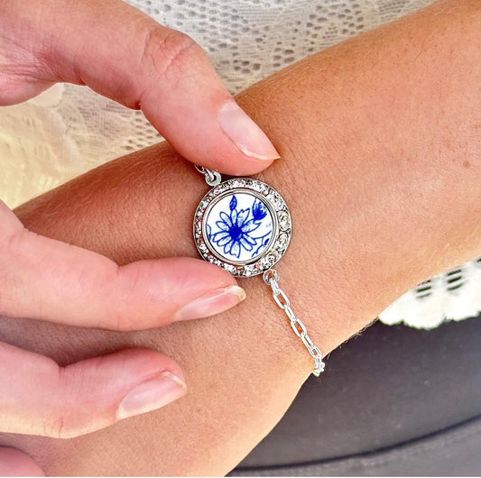 20th Anniversary Gift for Wife, Daisy Broken China Jewelry Charm Bracelet, Adjustable Sterling Silver Chain, Crystal Bracelet