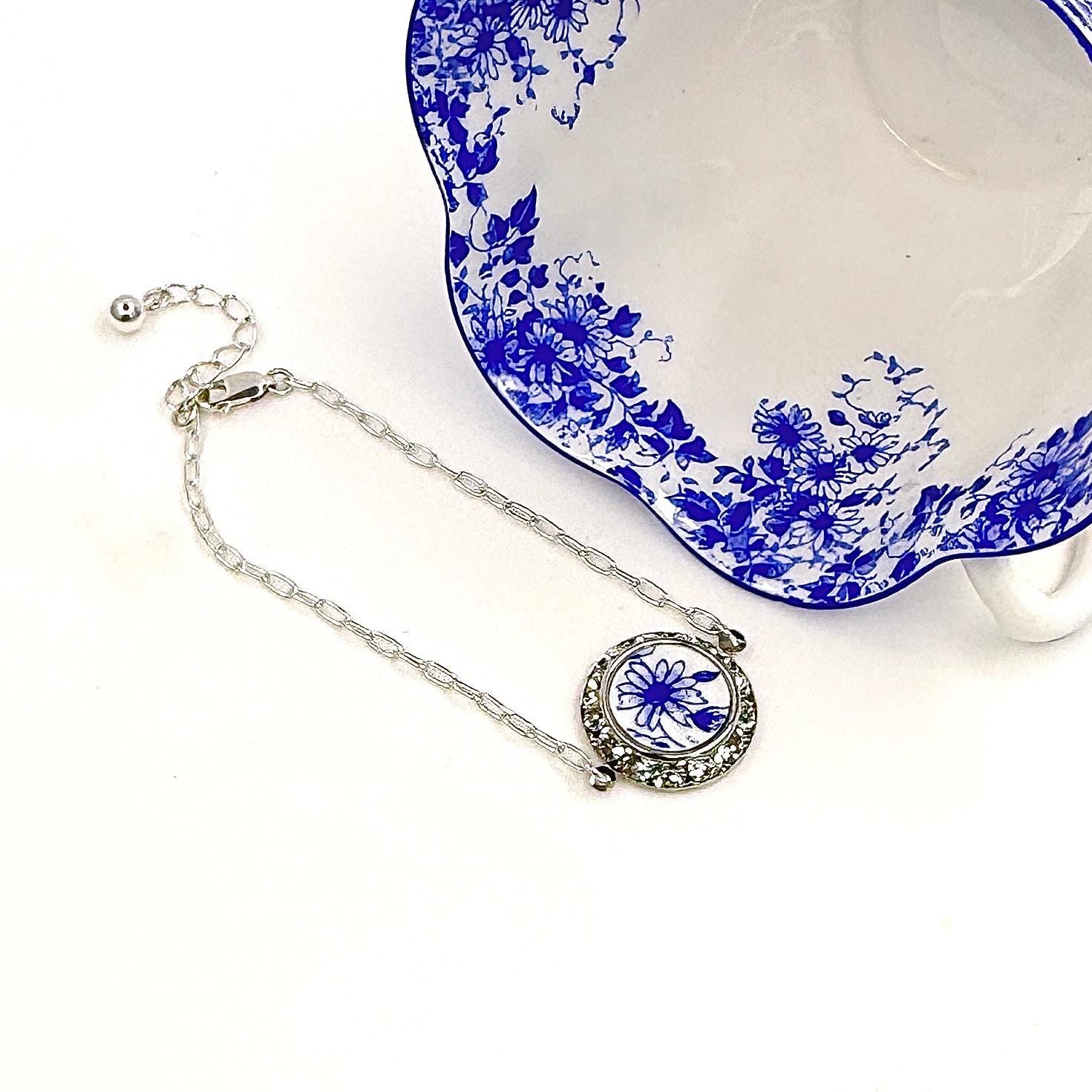 20th Anniversary Gift for Wife, Daisy Broken China Jewelry Charm Bracelet, Adjustable Sterling Silver Chain, Crystal Bracelet