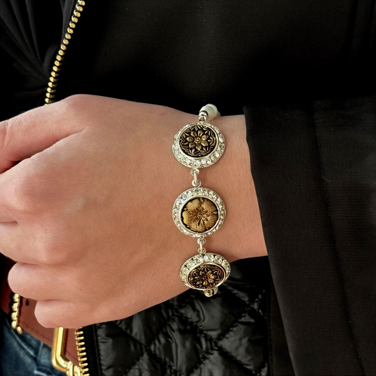 Victorian Black and Gold Glass Buttons, One-of-a-Kind Antique Button Bracelet, Crystal and Mother of Pearl Charm Bracelet