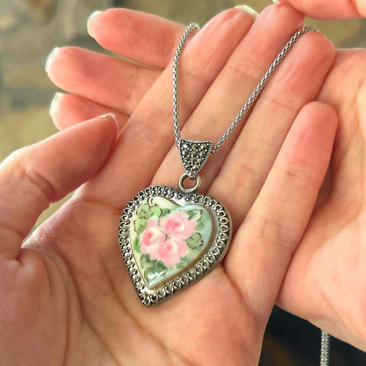 One-of-a-Kind 18th Anniversary Gift, Sterling Silver Statement Button Necklace, Antique Porcelain Necklace