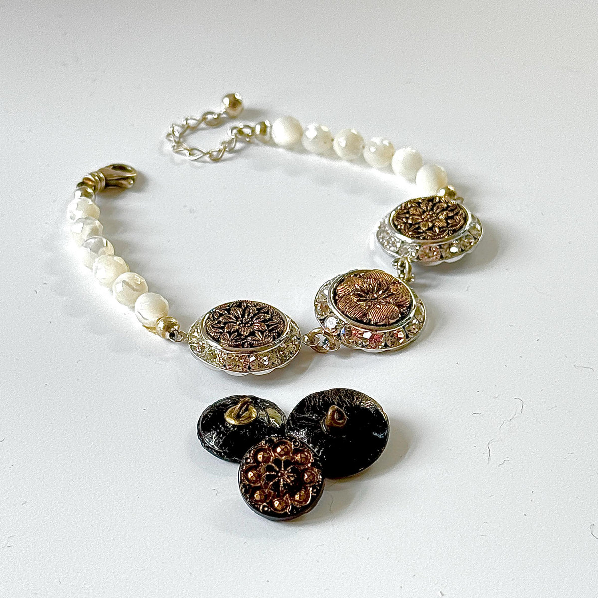 Victorian Black and Gold Glass Buttons, One-of-a-Kind Antique Button Bracelet, Crystal and Mother of Pearl Charm Bracelet