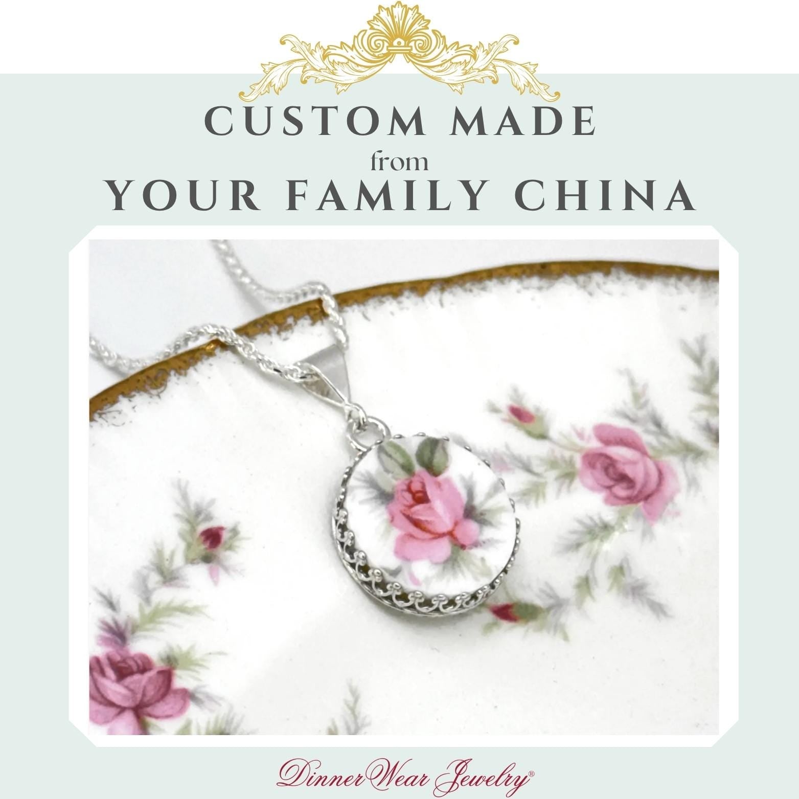 CUSTOM ORDER Small Round China Necklace, Sterling Silver Broken China Jewelry, Anniversary Gifts Made From Your China