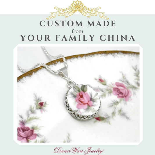 CUSTOM ORDER Small Round China Necklace, Sterling Silver Broken China Jewelry, Anniversary Gifts Made From Your China