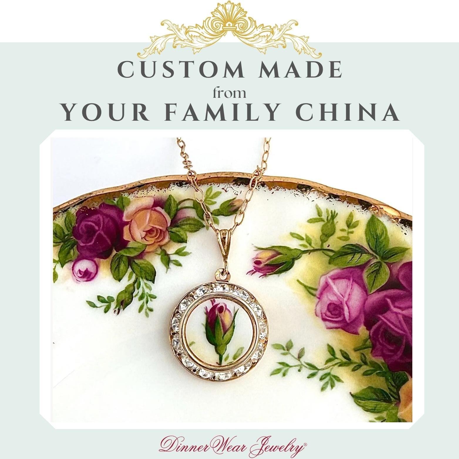 CUSTOM MADE Broken China Jewelry, Wedding Anniversary Gift for Wife, Gold Crystal Pendant Necklace