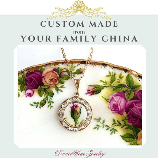 CUSTOM MADE Broken China Jewelry, Wedding Anniversary Gift for Wife, Gold Crystal Pendant Necklace