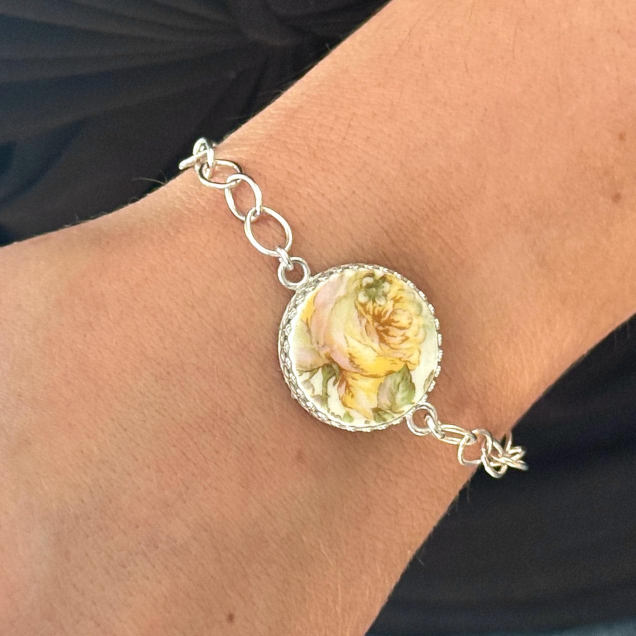 Sterling Porcelain Yellow Flower Bracelet, Limoges Handmade Cottagecore Jewelry, Delicate Cottagecore Friendship Gift