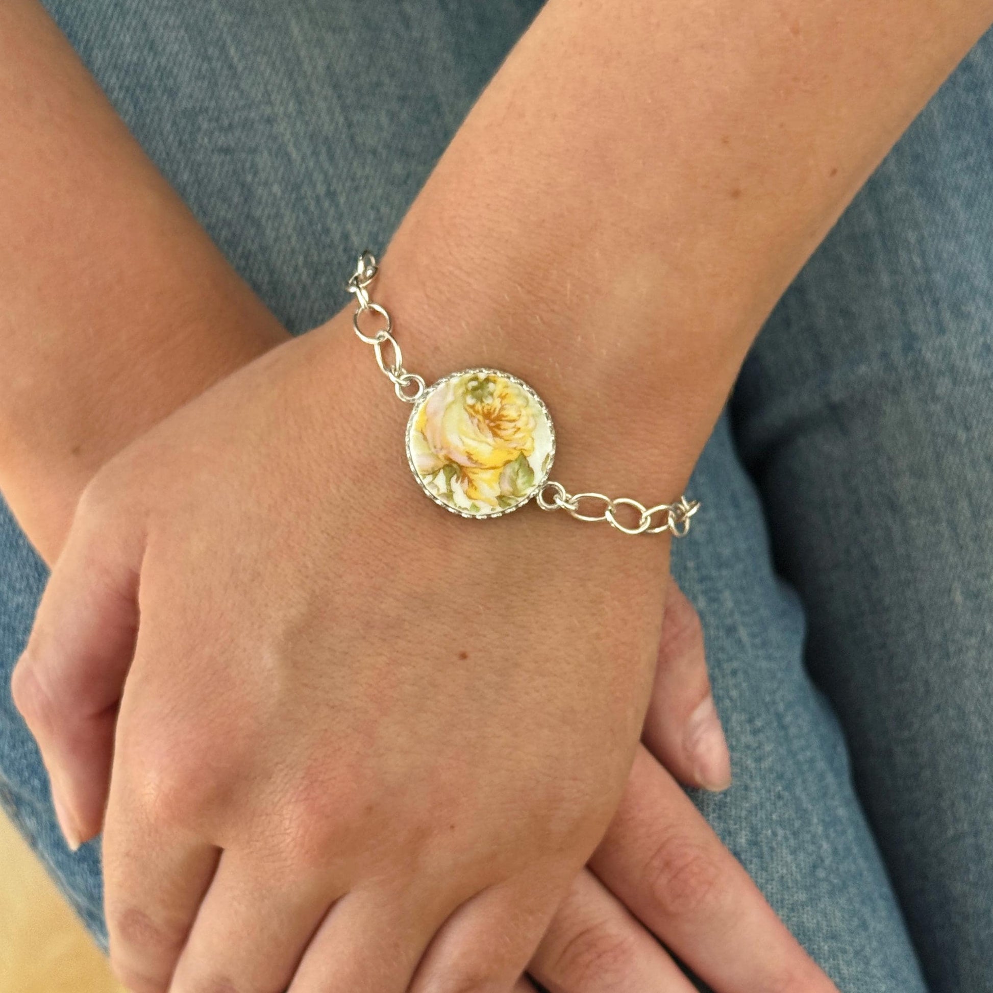 Sterling Porcelain Yellow Flower Bracelet, Limoges Handmade Cottagecore Jewelry, Delicate Cottagecore Friendship Gift
